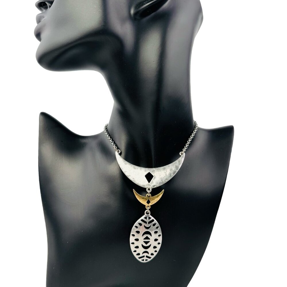 Silver and Gold Tone Statement Necklace Boho 17”